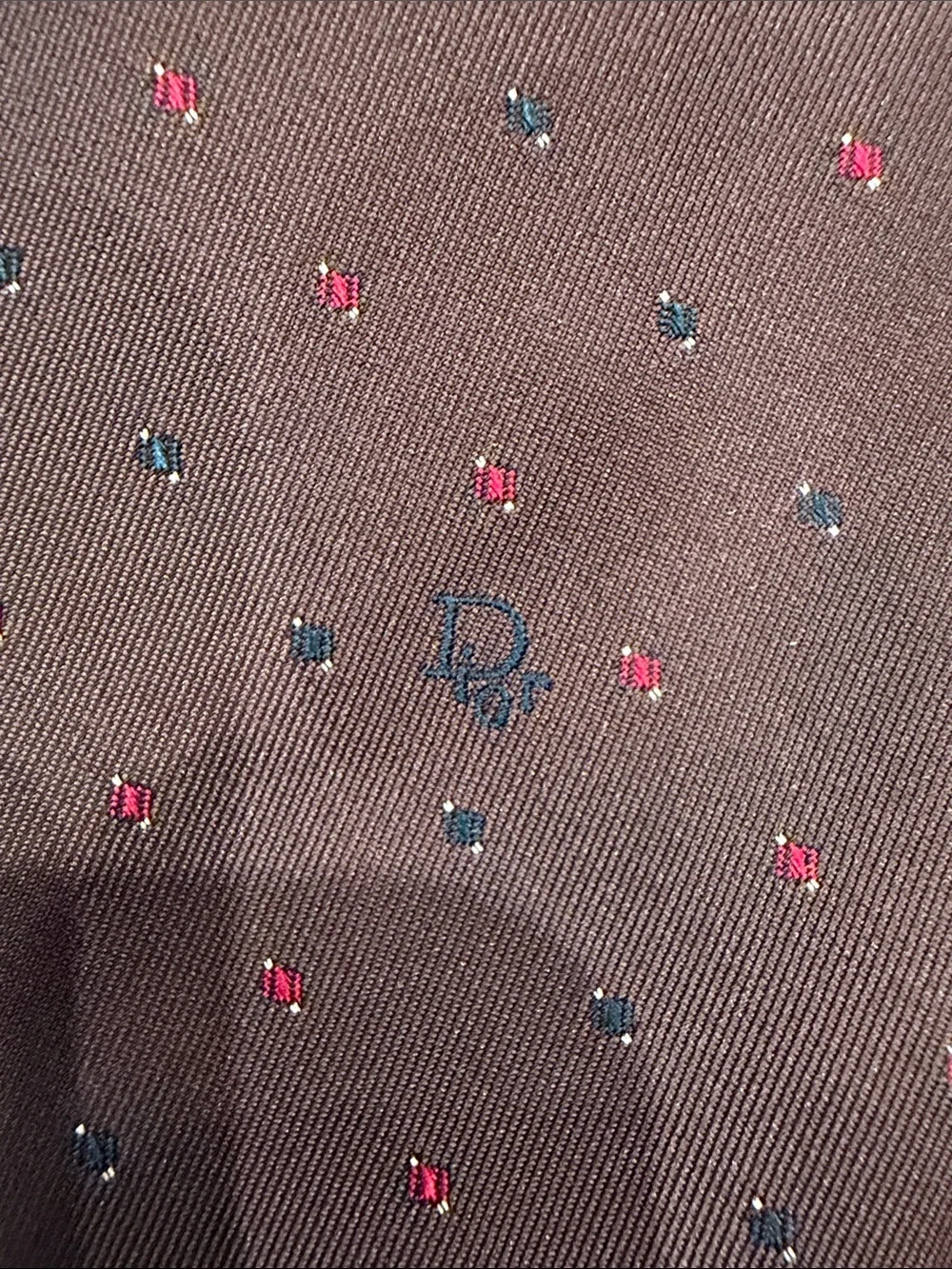 Christian Dior Brown Men's Silk Tie with Red & Blue Microdots